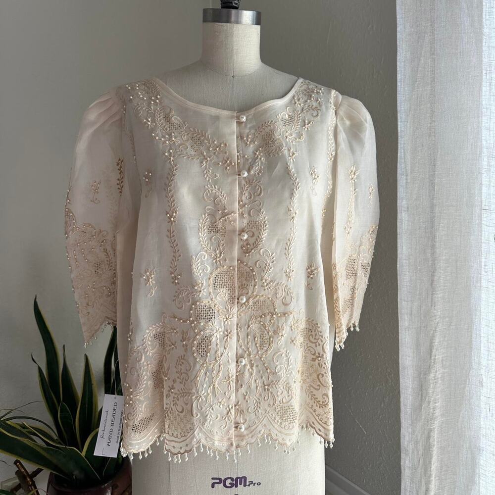 Victoria Women’s Large Blouse Cream Beaded Pearl Scalloped Hand Beaded NWT